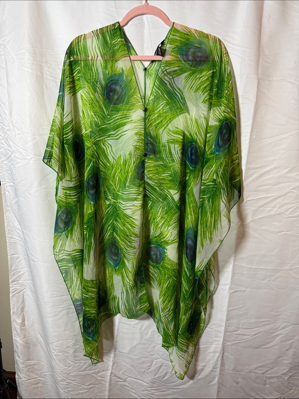Green Peacock Feather Sheer Kimono bathing suit Cover-Up
